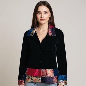 Vintage 90's Bohemian Floral Patchwork Black Velvet Jacket Shacket Size Medium
